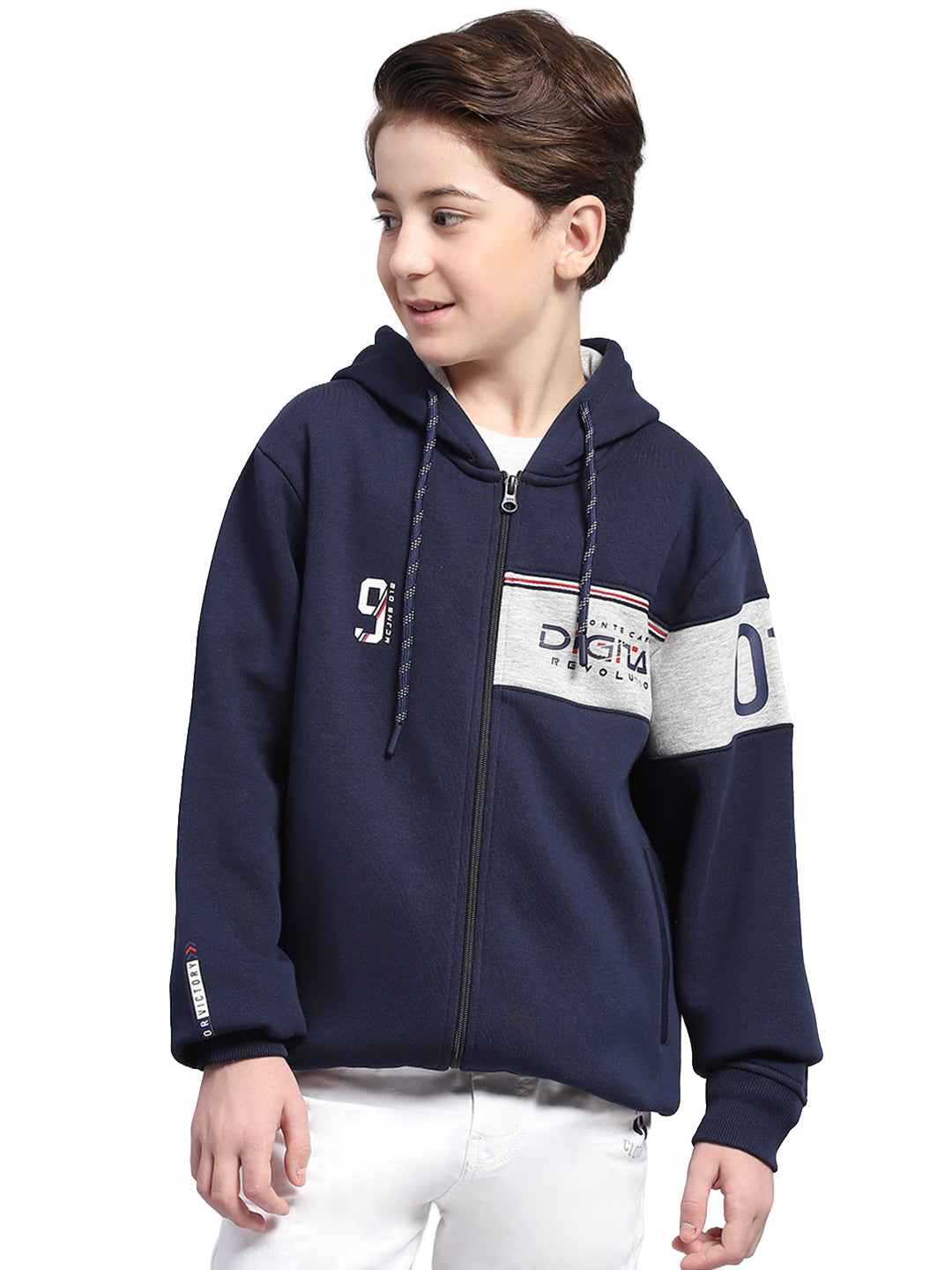 Boys Navy Blue Printed Hooded Full Sleeve Sweatshirt