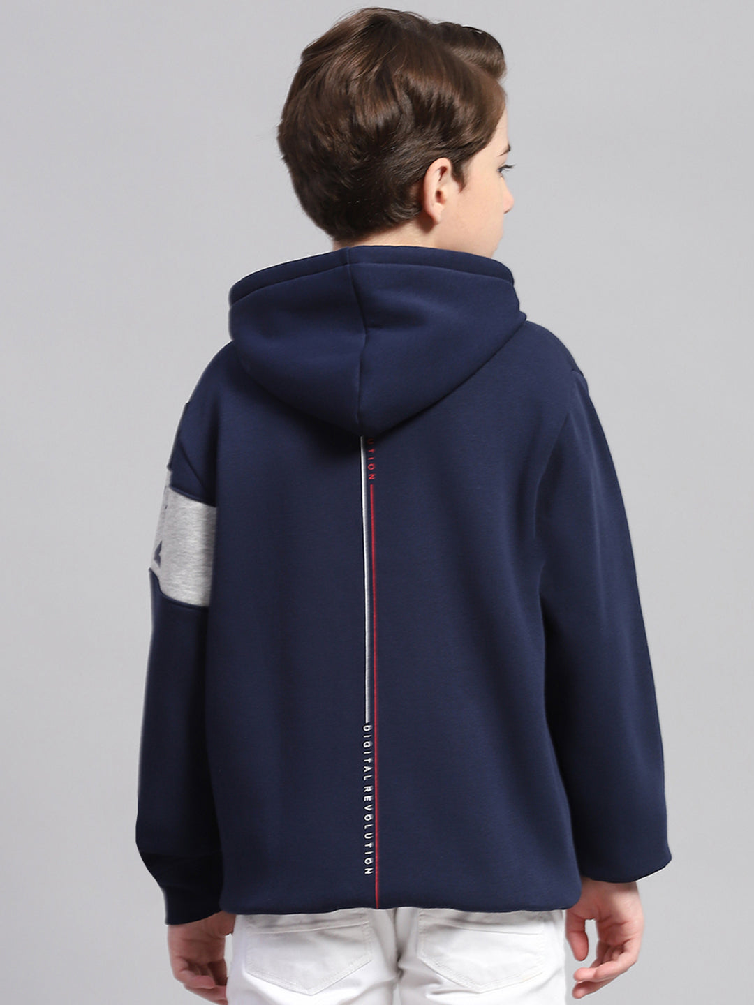 Boys Navy Blue Printed Hooded Full Sleeve Sweatshirt