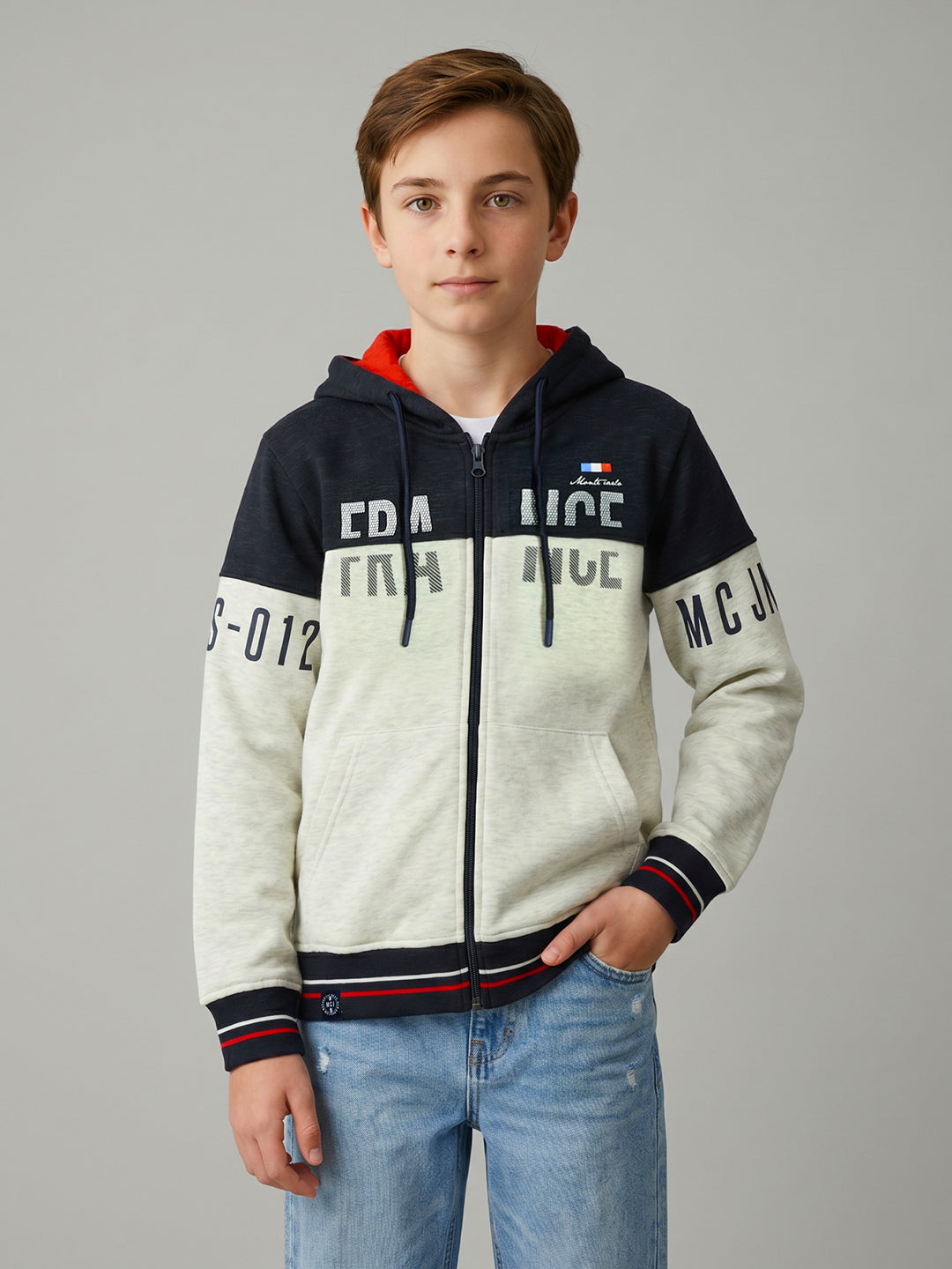 Boys Maroon & Grey Printed Collar Full Sleeve Sweatshirt