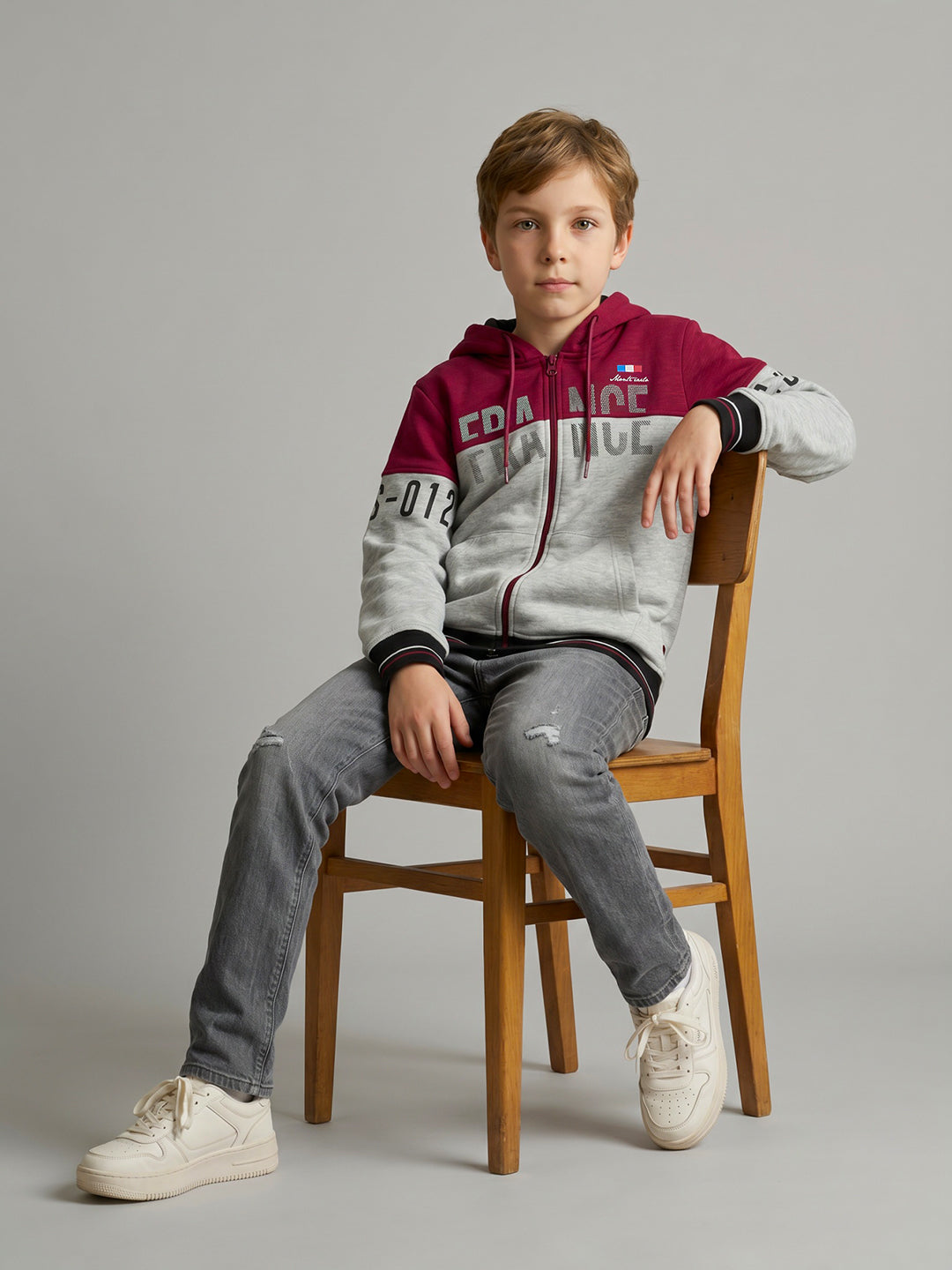 Boys Maroon & Grey Printed Collar Full Sleeve Sweatshirt