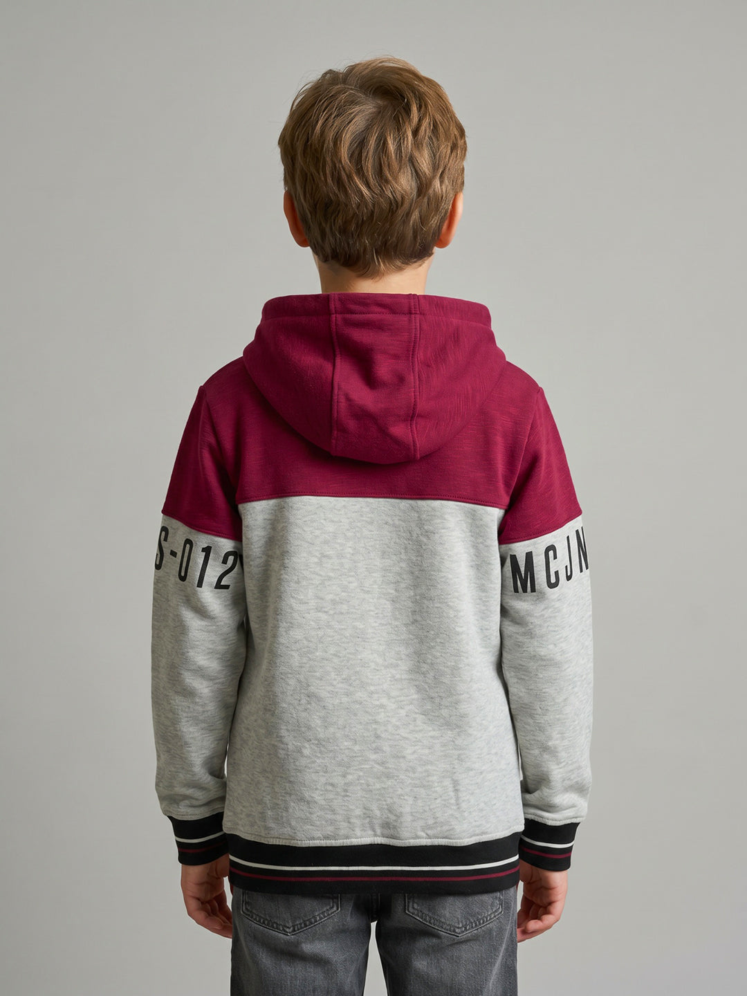 Boys Maroon & Grey Printed Collar Full Sleeve Sweatshirt