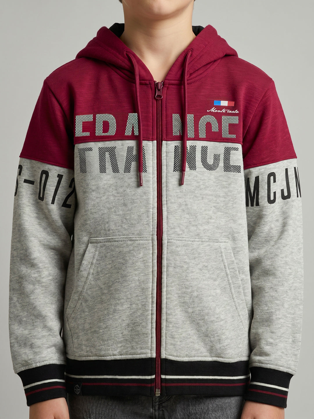 Boys Maroon & Grey Printed Collar Full Sleeve Sweatshirt