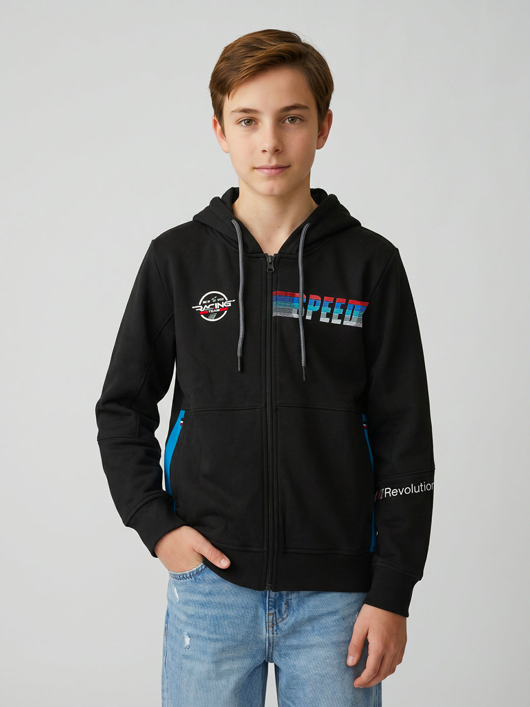 Boys Black Printed Hooded Full Sleeve Sweatshirt