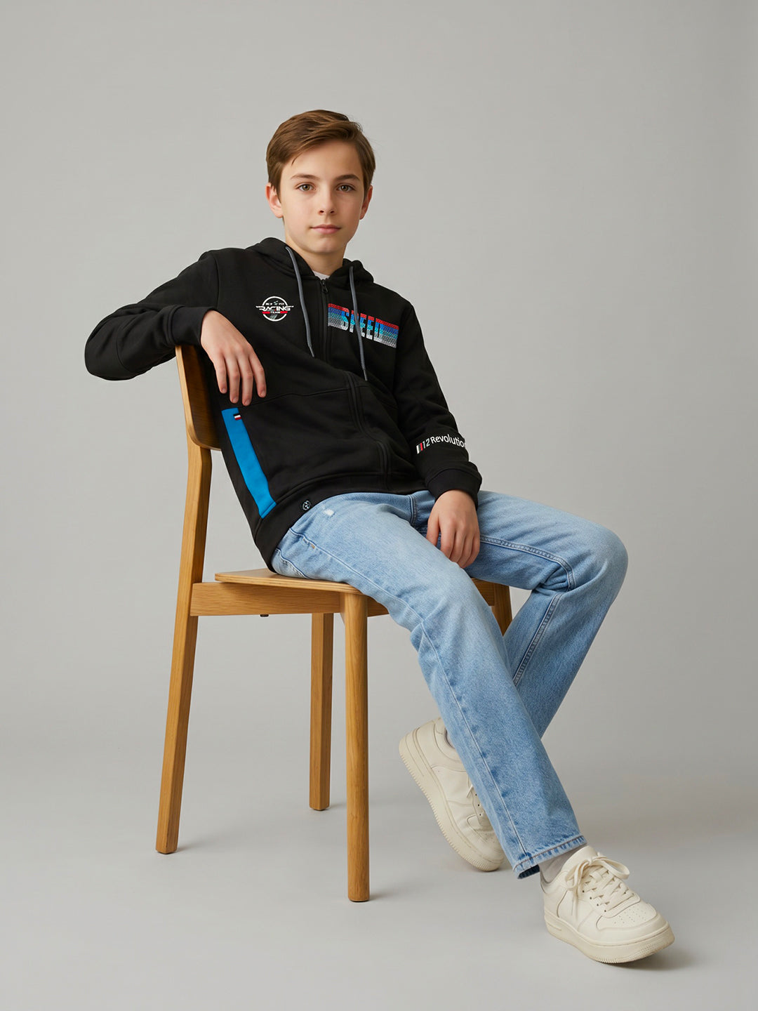 Boys Black Printed Hooded Full Sleeve Sweatshirt