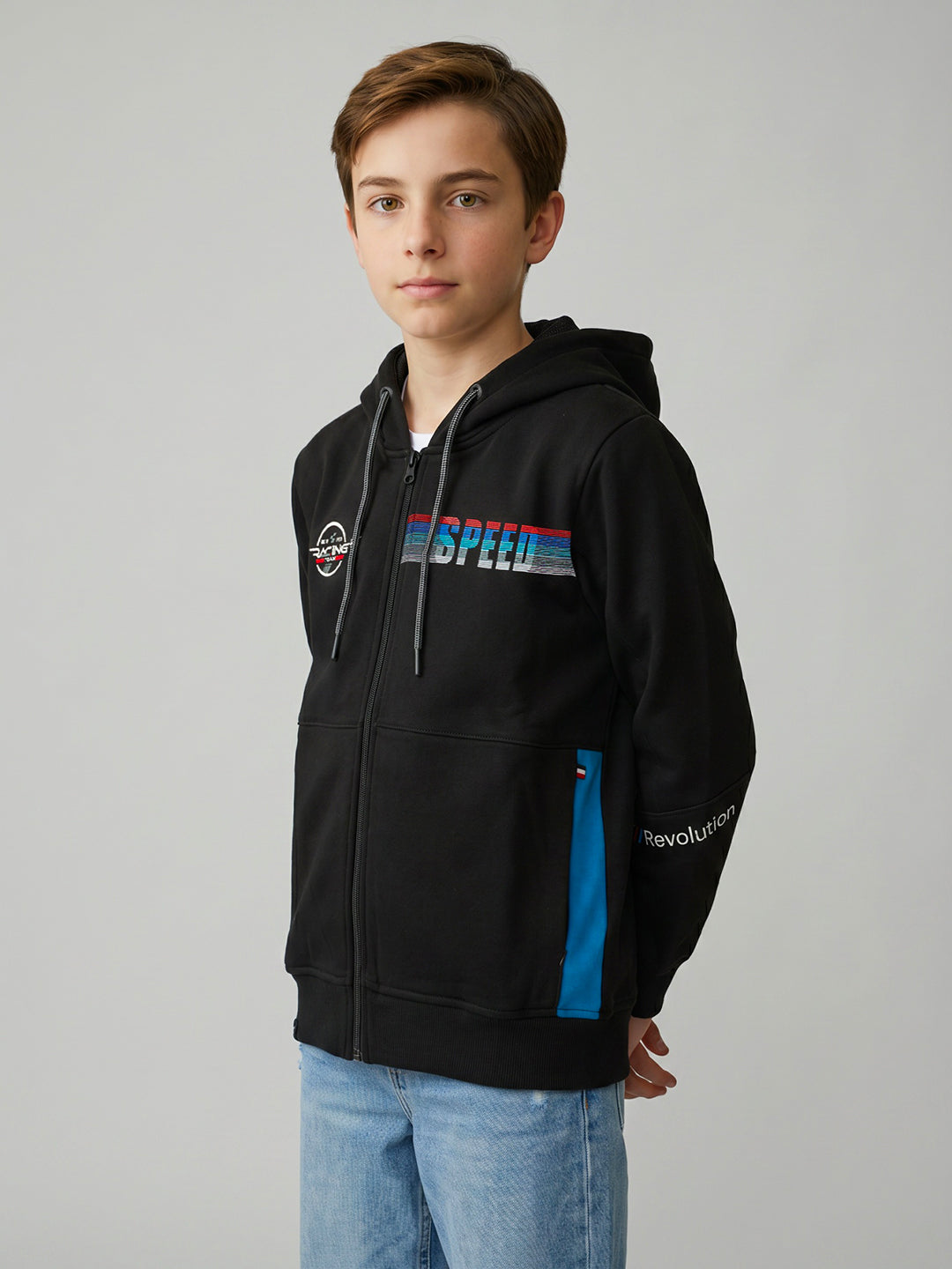 Boys Black Printed Hooded Full Sleeve Sweatshirt