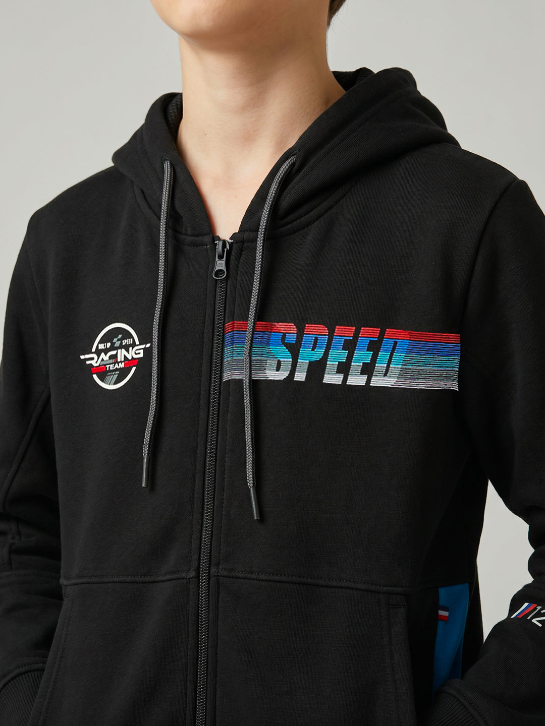 Boys Black Printed Hooded Full Sleeve Sweatshirt