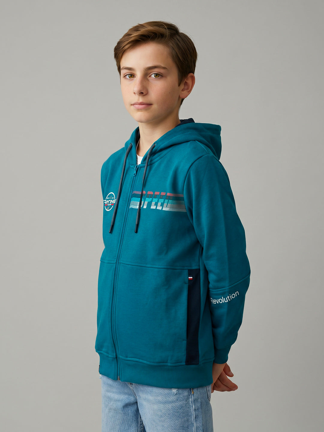 Boys Royal Blue Printed Hooded Full Sleeve Sweatshirt