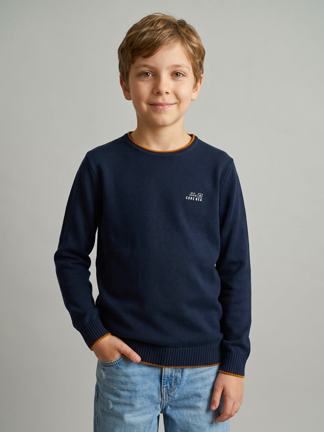 Boys Navy Blue Solid Round Neck Full Sleeve Pullover