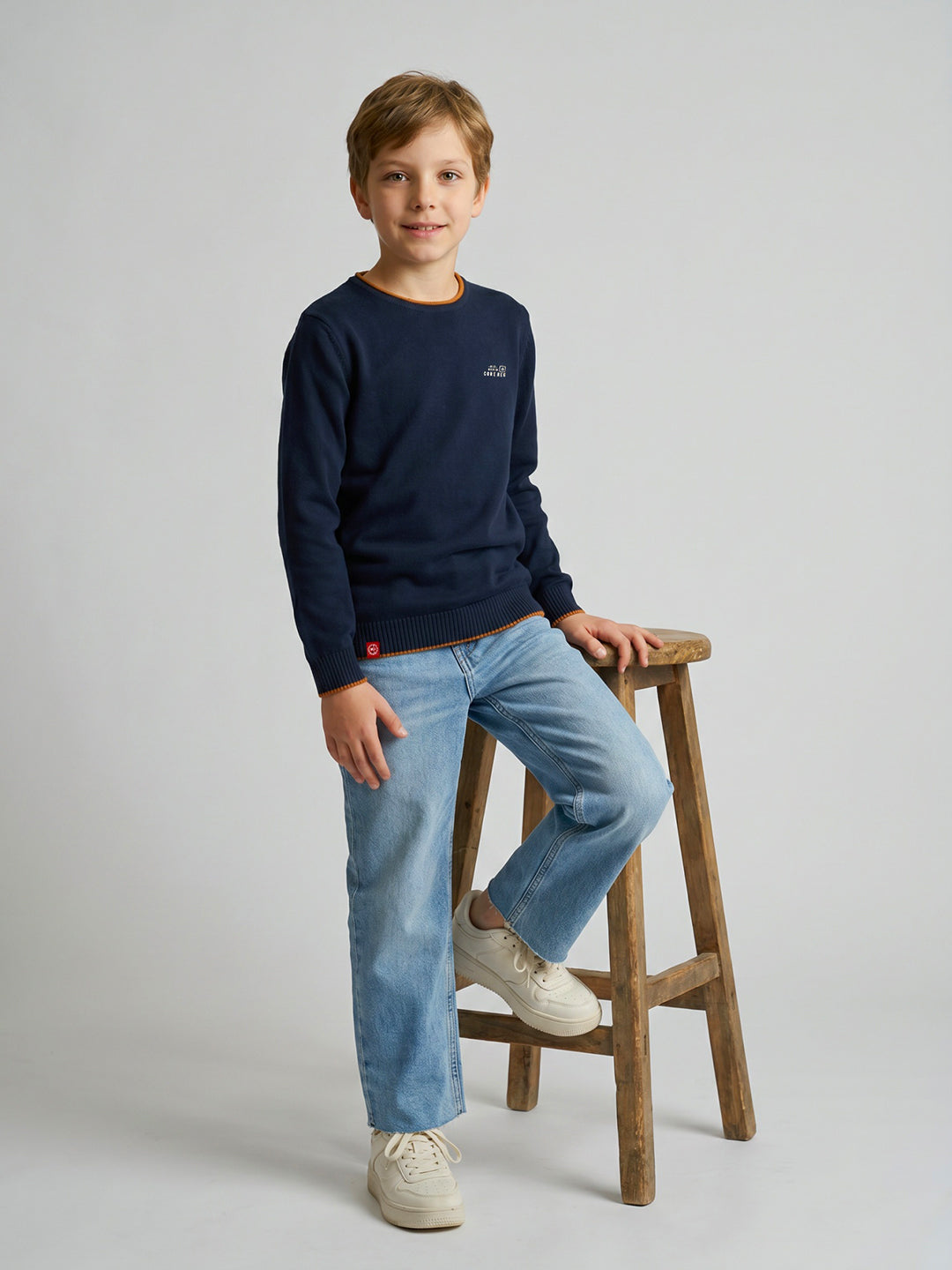 Boys Navy Blue Solid Round Neck Full Sleeve Pullover