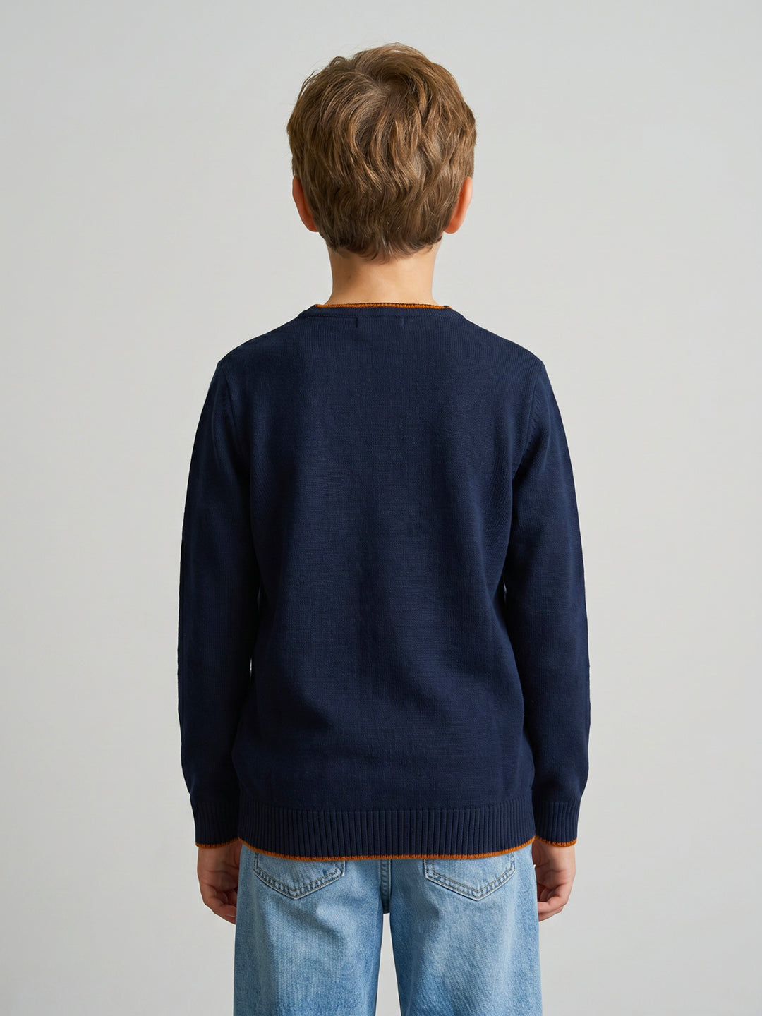 Boys Navy Blue Solid Round Neck Full Sleeve Pullover