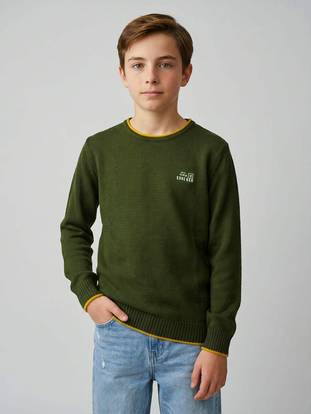 Boys Olive Solid Round Neck Full Sleeve Pullover