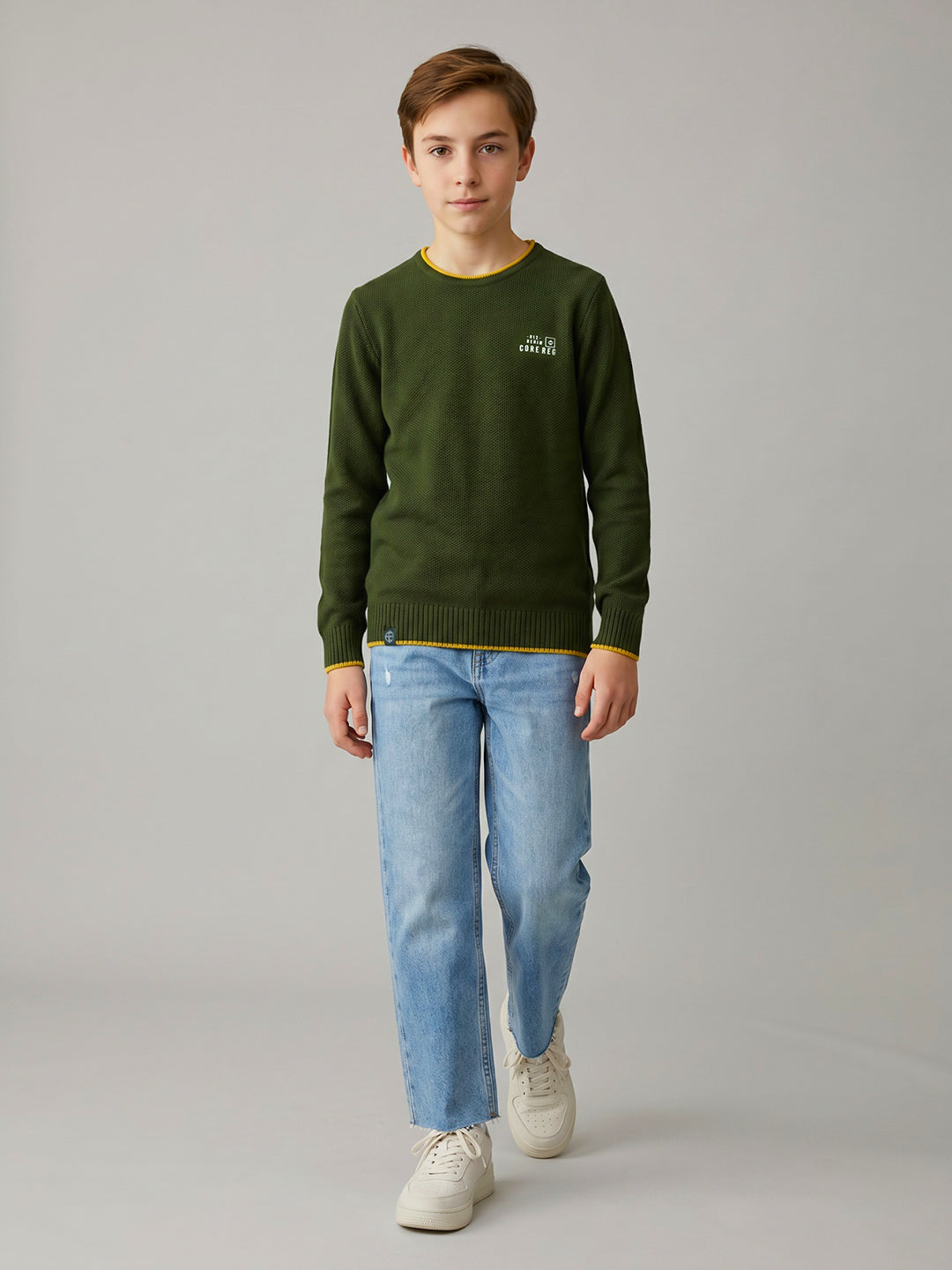 Boys Olive Solid Round Neck Full Sleeve Pullover
