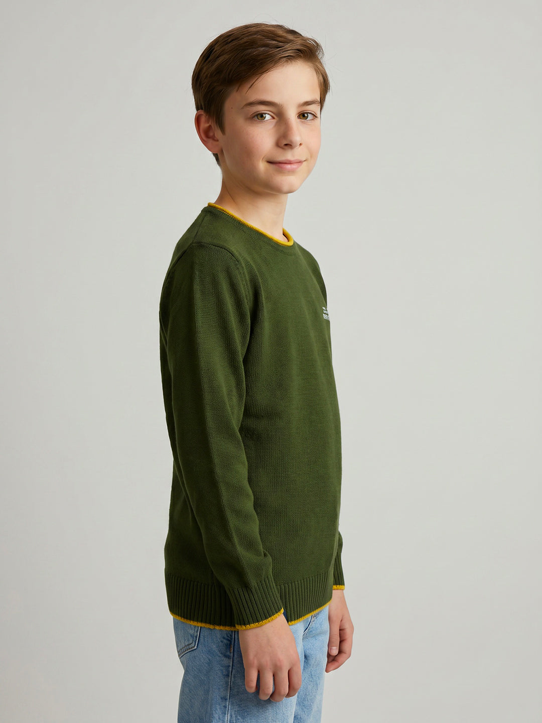 Boys Olive Solid Round Neck Full Sleeve Pullover