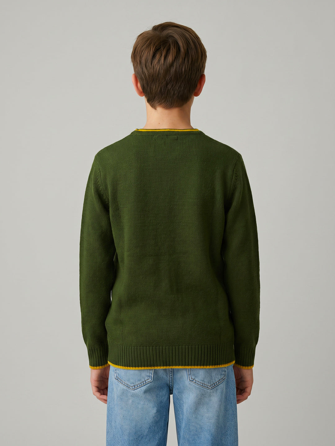 Boys Olive Solid Round Neck Full Sleeve Pullover