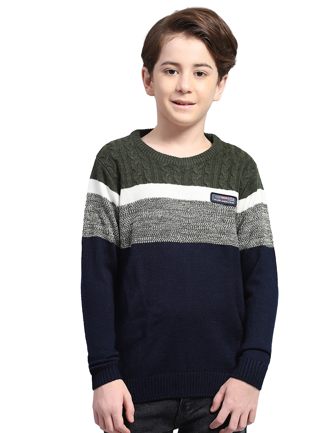Boys Olive & Navy Blue Stripe Round Neck Full Sleeve Pullover