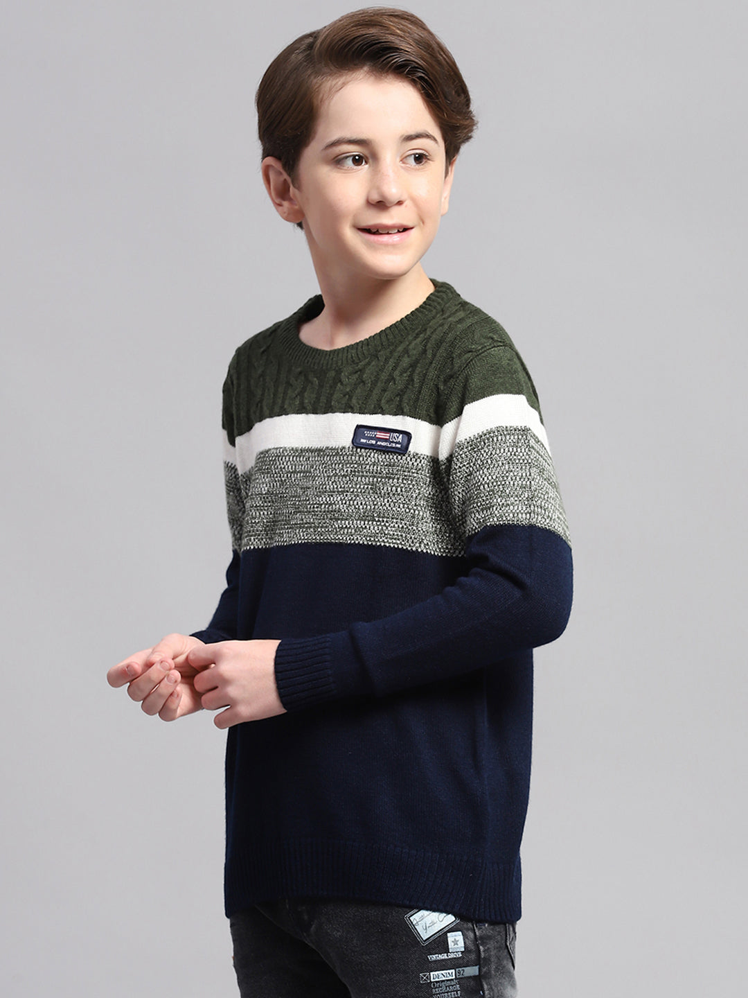 Boys Olive & Navy Blue Stripe Round Neck Full Sleeve Pullover