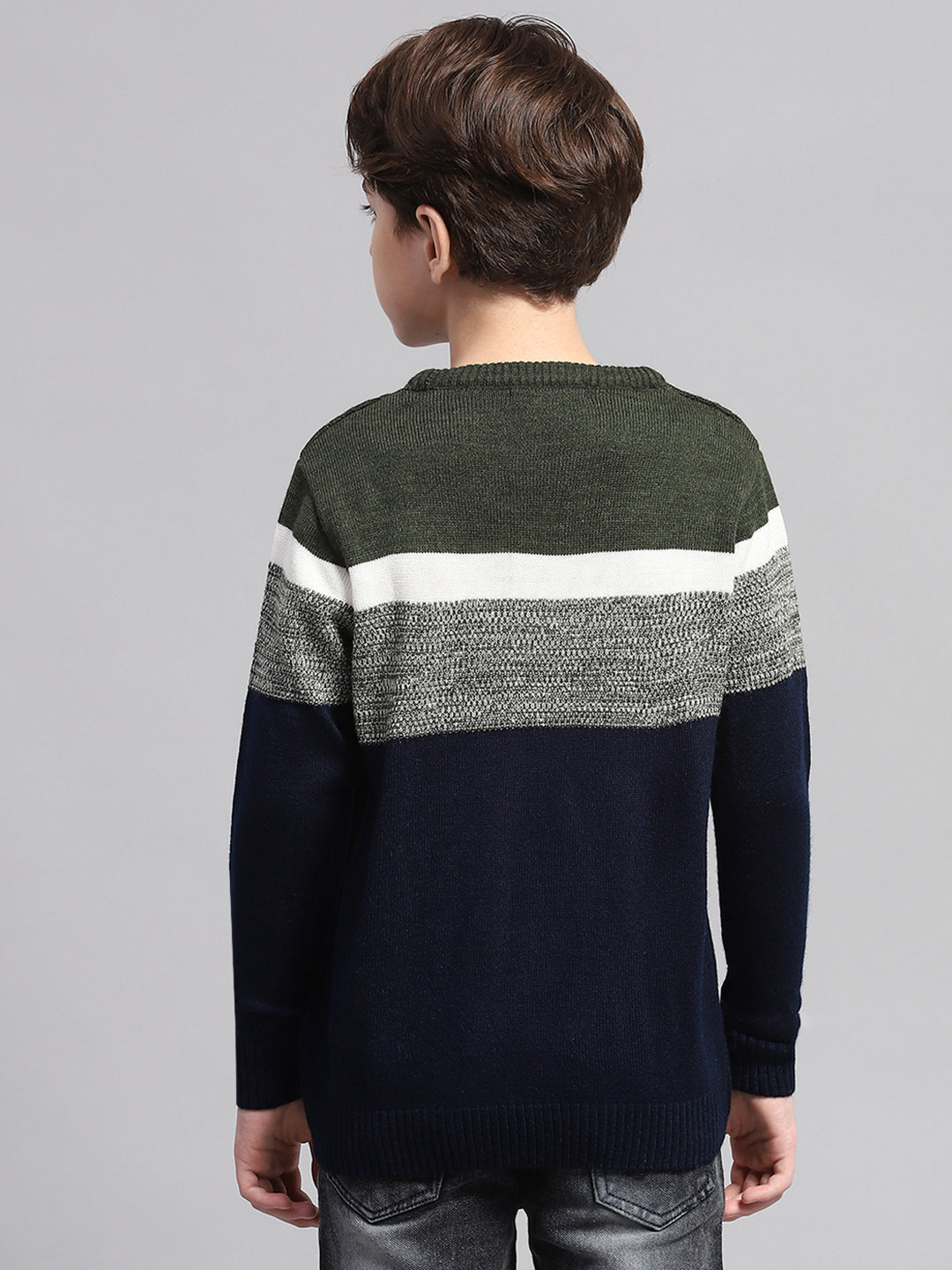 Boys Olive & Navy Blue Stripe Round Neck Full Sleeve Pullover