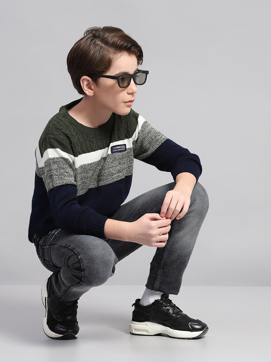 Boys Olive & Navy Blue Stripe Round Neck Full Sleeve Pullover