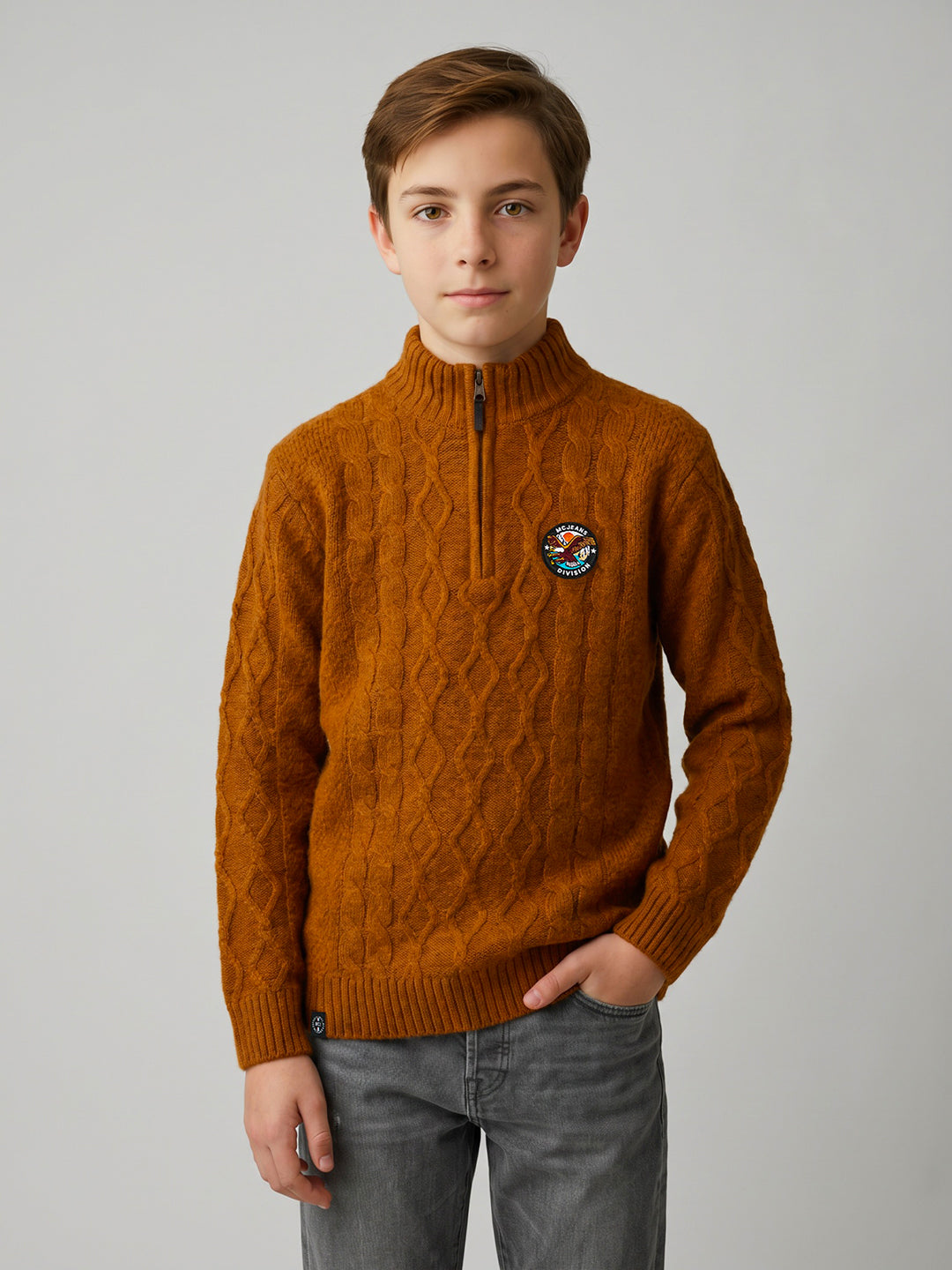 Boys Rust Self Design Round Neck Full Sleeve Pullover
