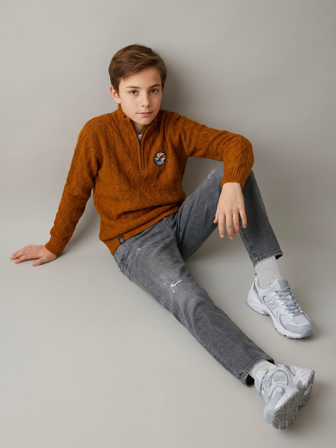 Boys Rust Self Design Round Neck Full Sleeve Pullover