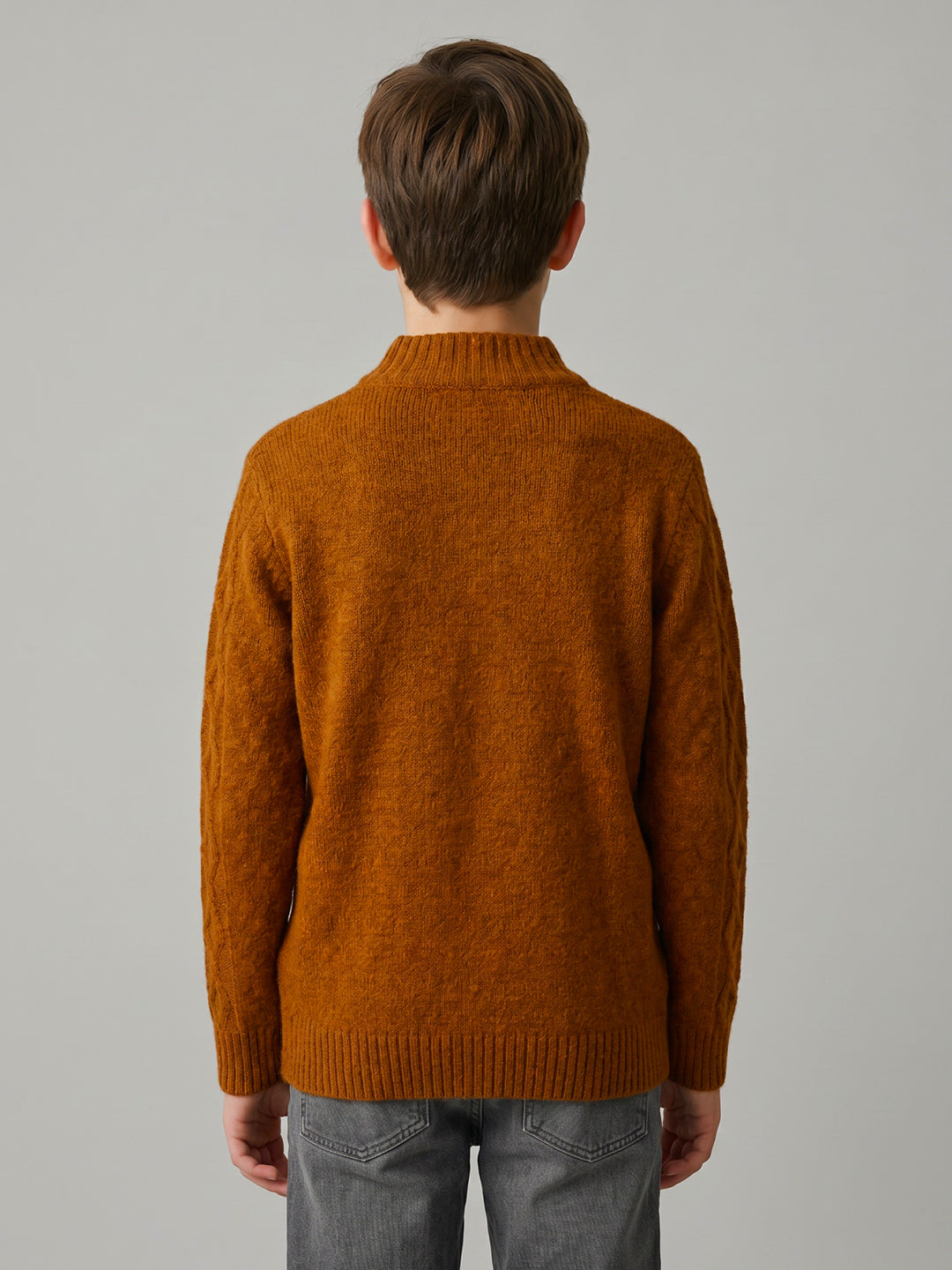 Boys Rust Self Design Round Neck Full Sleeve Pullover