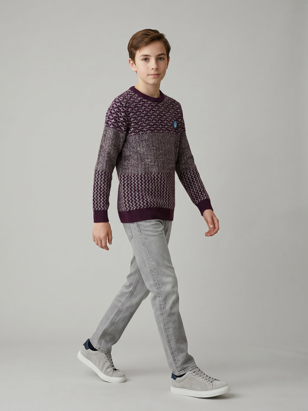 Boys Maroon Jacquard Round Neck Full Sleeve Pullover