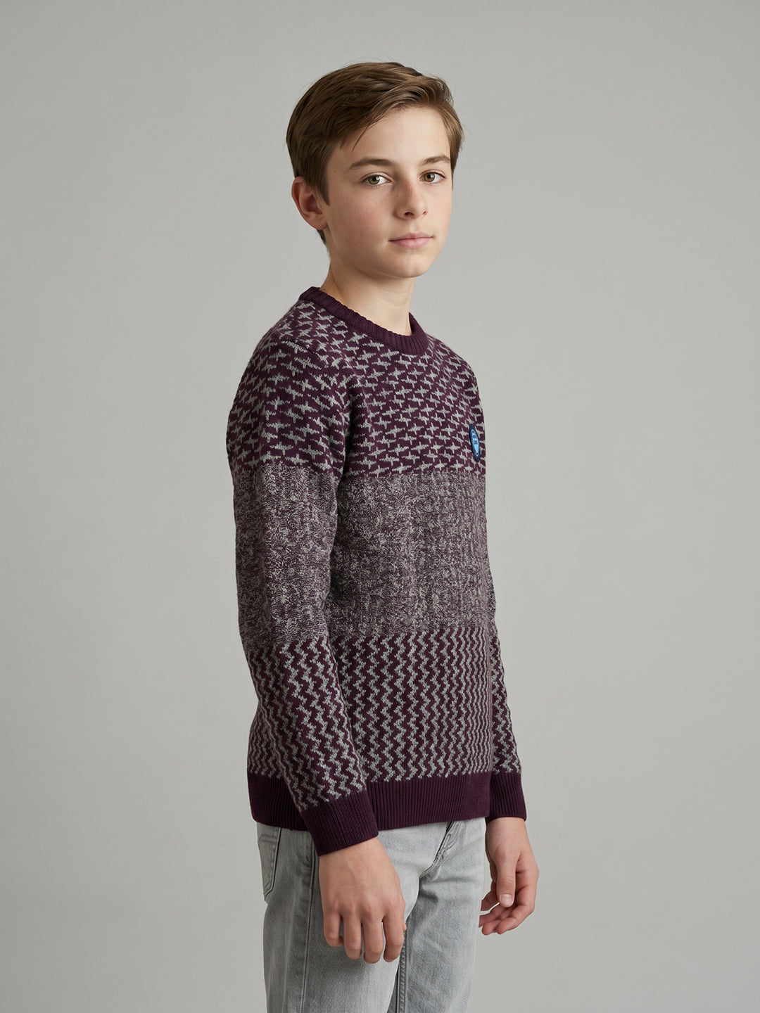 Boys Maroon Jacquard Round Neck Full Sleeve Pullover