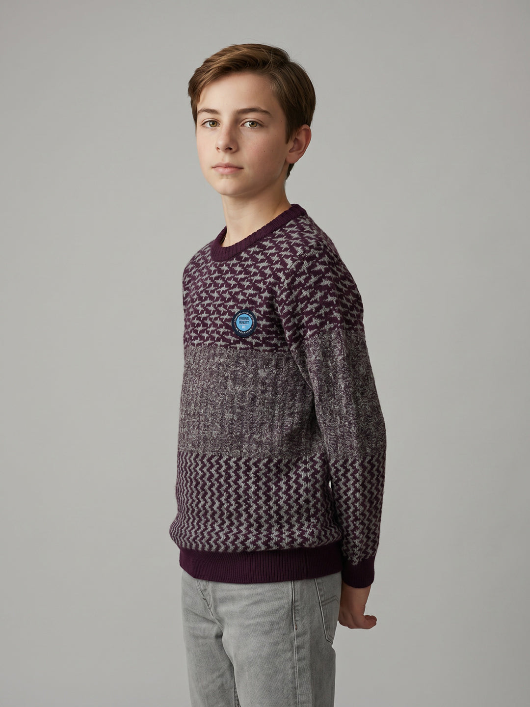 Boys Maroon Jacquard Round Neck Full Sleeve Pullover
