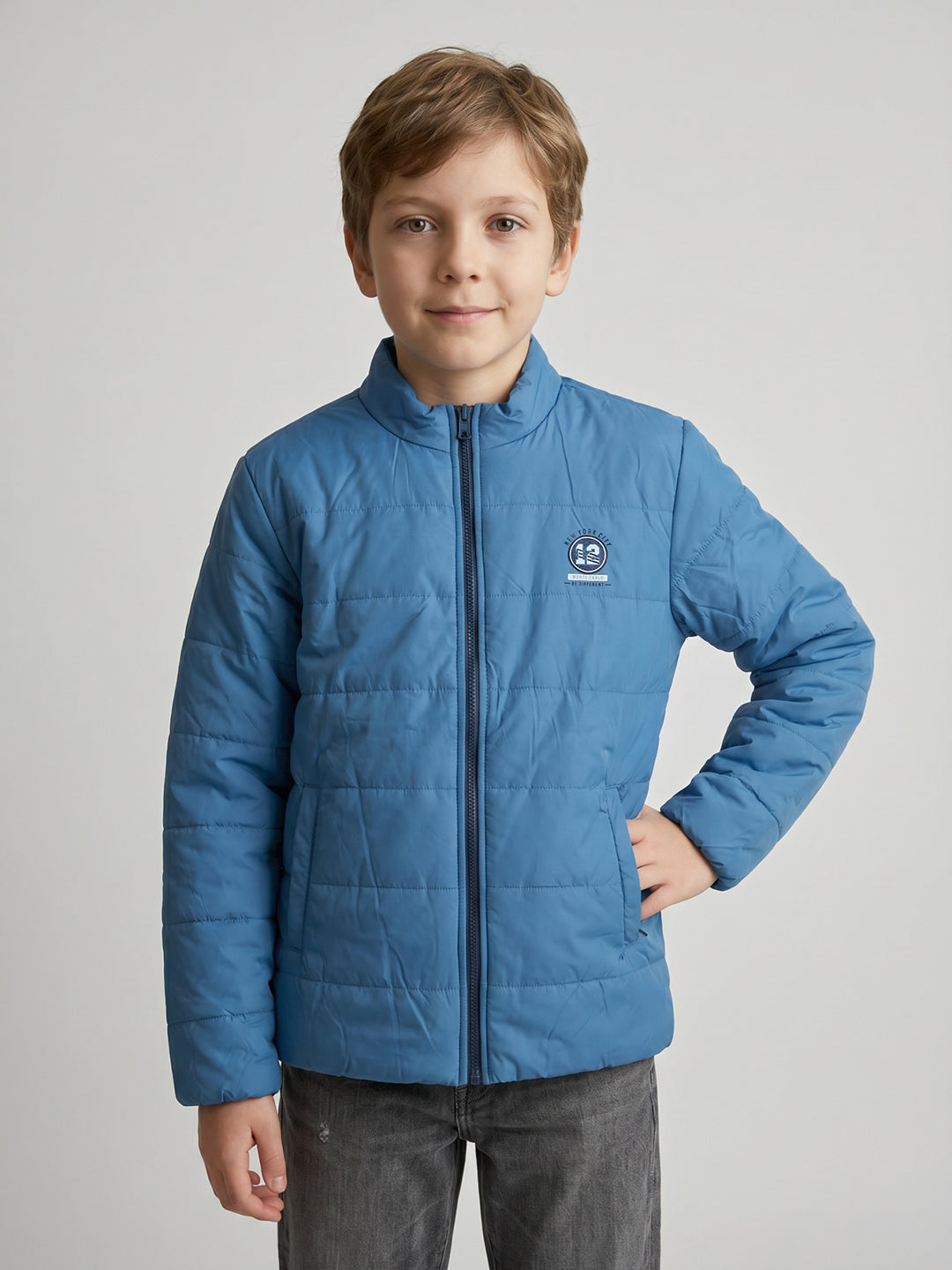 Boys Blue Solid Turtle Neck Full Sleeve Puffer Jacket