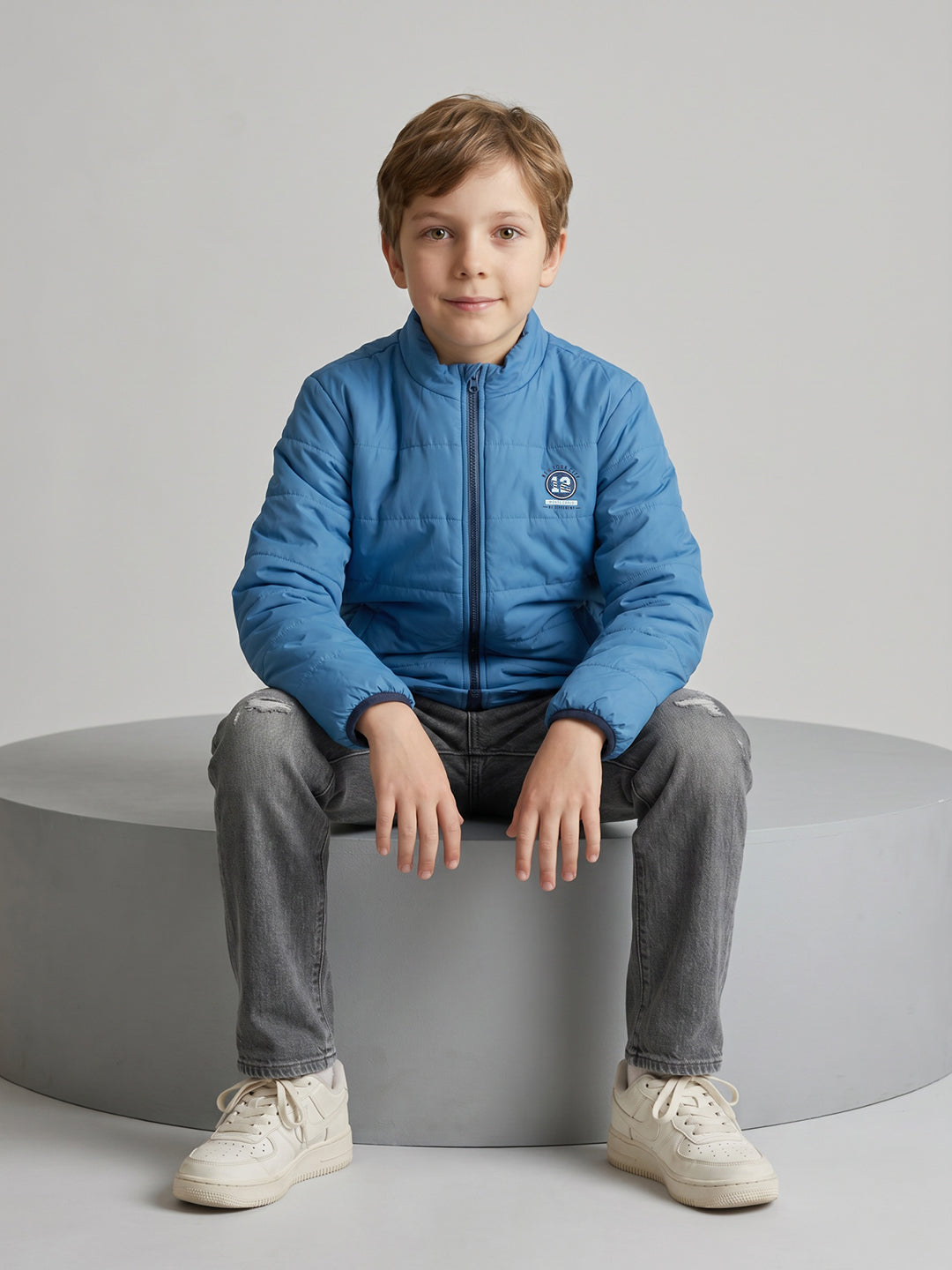 Boys Blue Solid Turtle Neck Full Sleeve Puffer Jacket