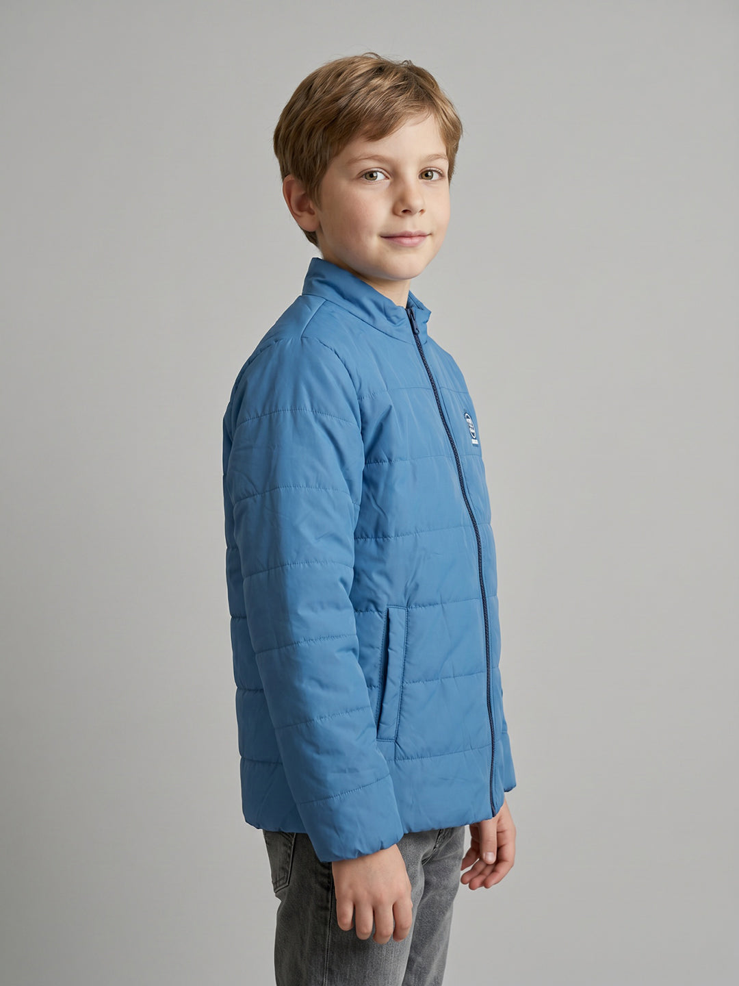 Boys Blue Solid Turtle Neck Full Sleeve Puffer Jacket
