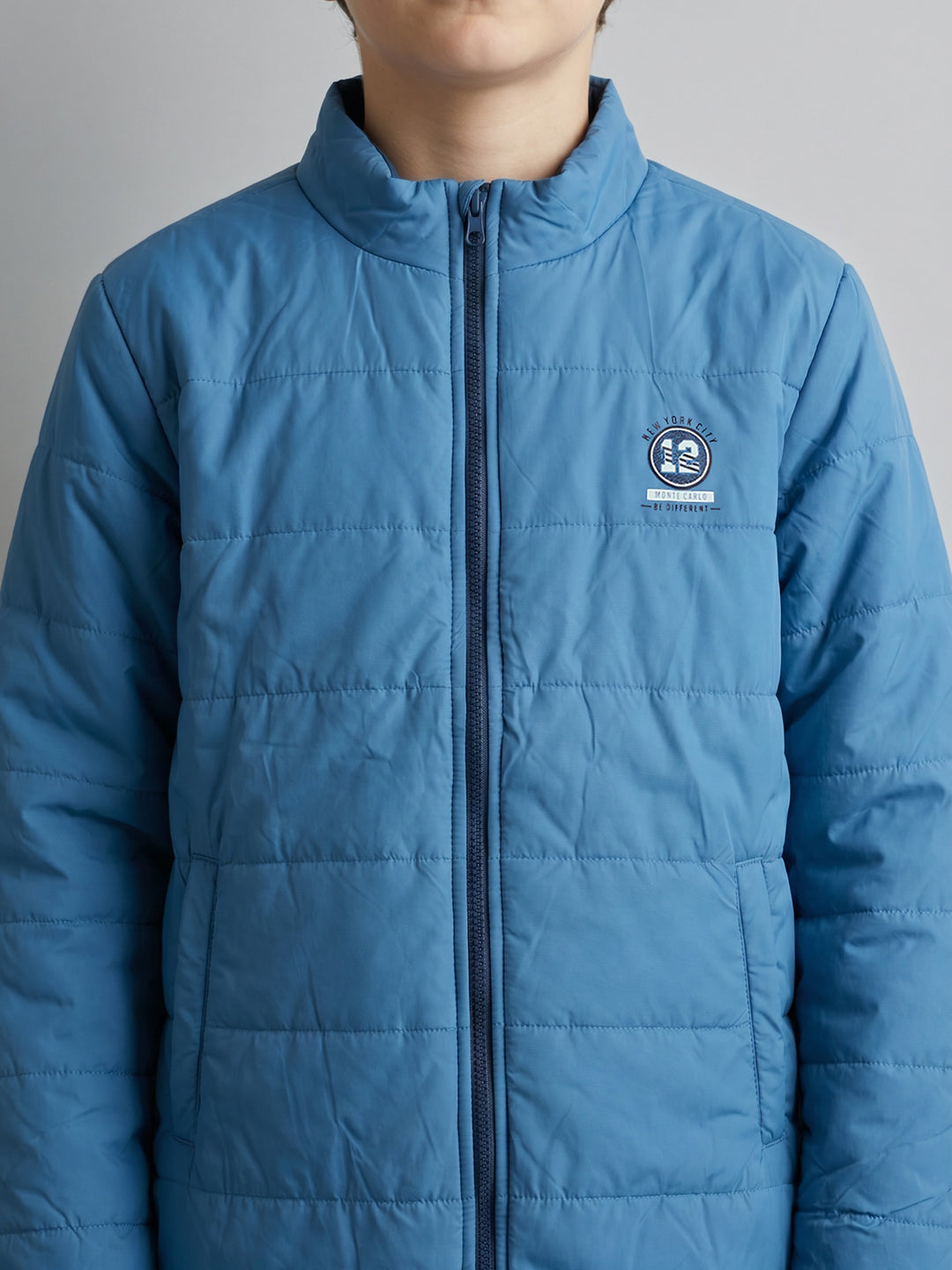 Boys Blue Solid Turtle Neck Full Sleeve Puffer Jacket