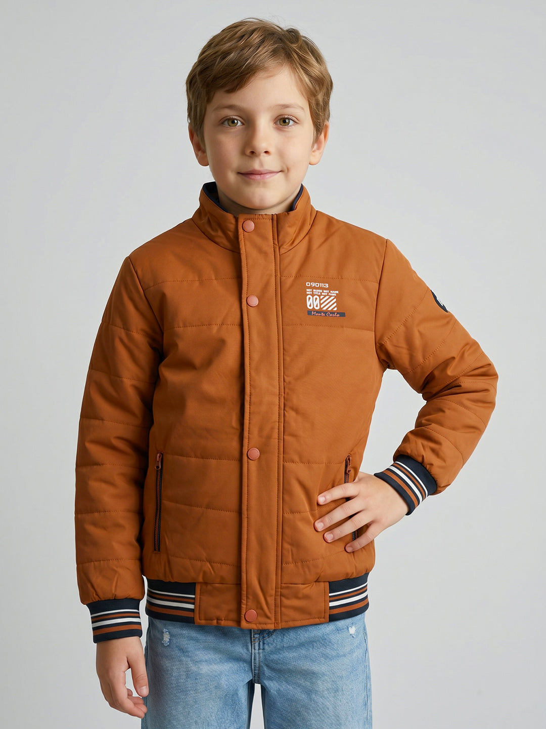 Boys Rust Solid Turtle Neck Full Sleeve Puffer Jacket