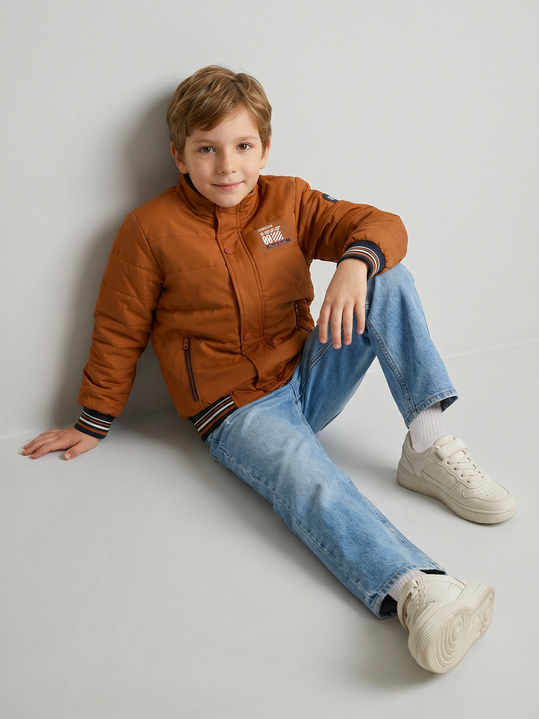 Boys Rust Solid Turtle Neck Full Sleeve Puffer Jacket