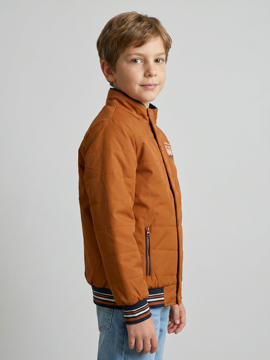 Boys Rust Solid Turtle Neck Full Sleeve Puffer Jacket