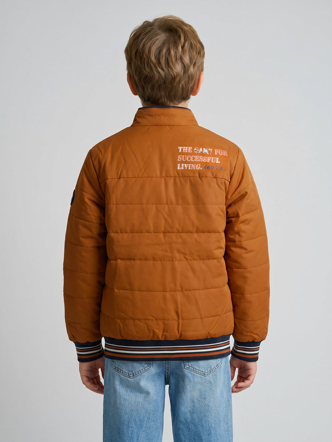 Boys Rust Solid Turtle Neck Full Sleeve Puffer Jacket