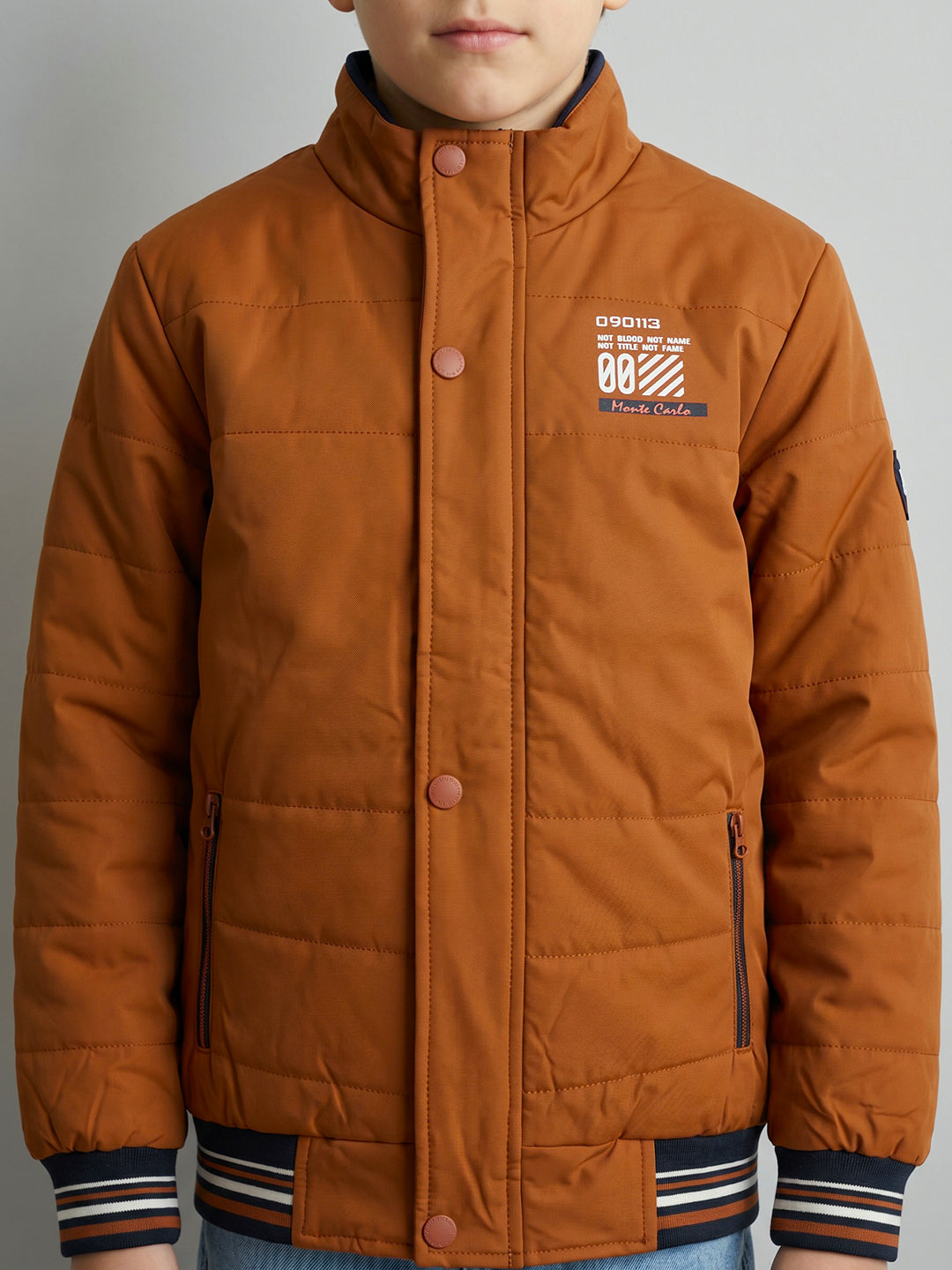 Boys Rust Solid Turtle Neck Full Sleeve Puffer Jacket