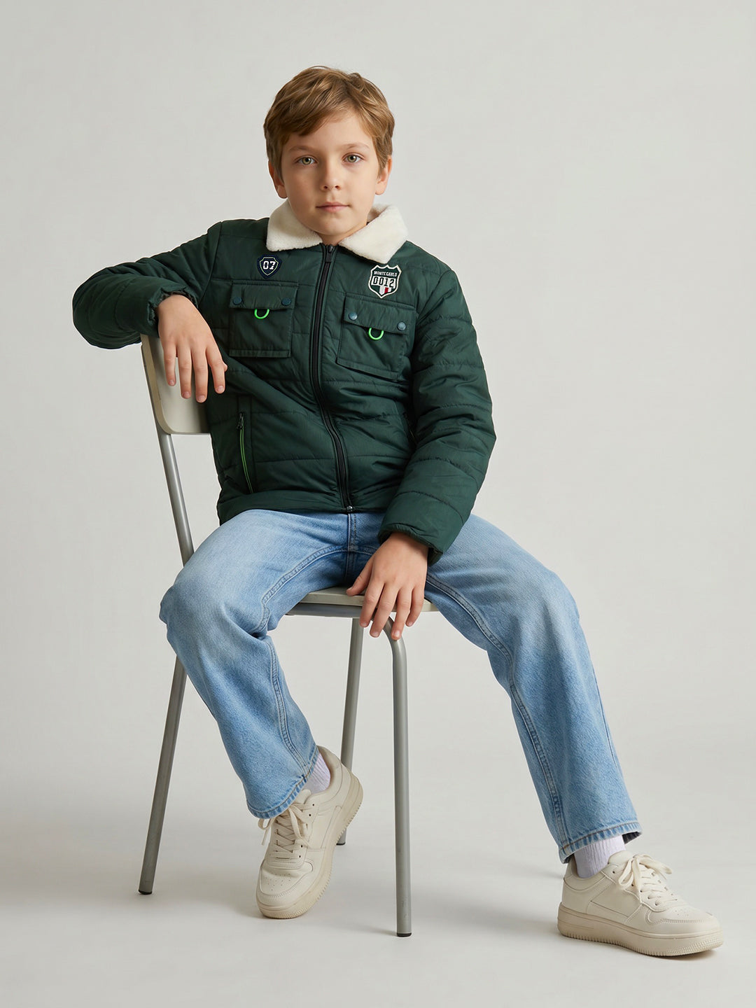 Boys Green Solid Collar Full Sleeve Puffer Jacket