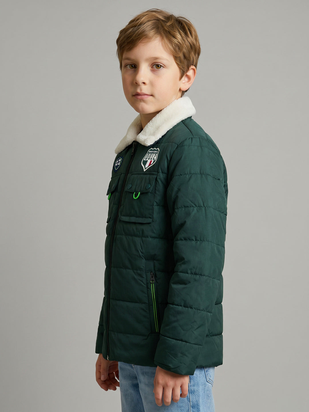 Boys Green Solid Collar Full Sleeve Puffer Jacket