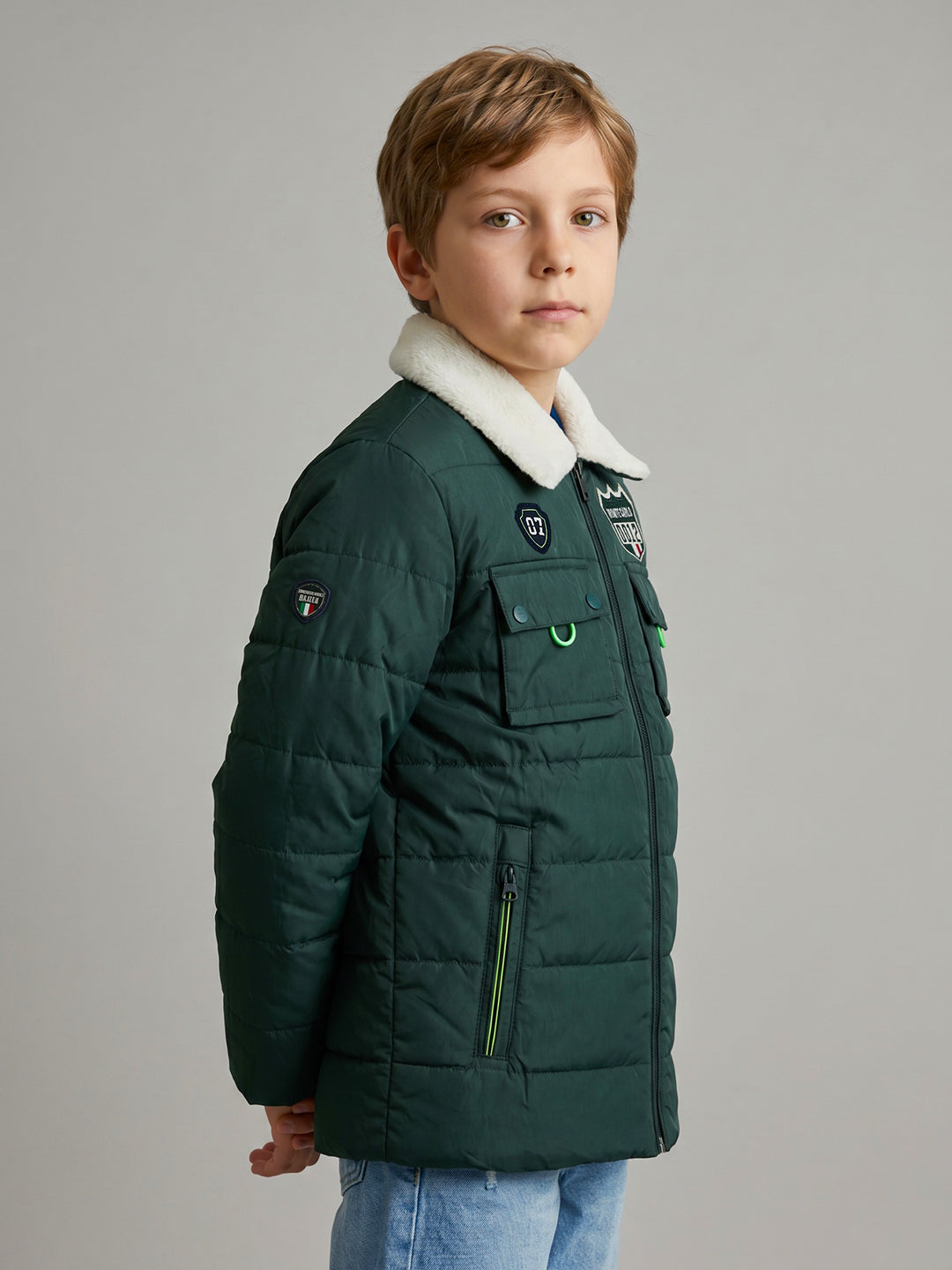 Boys Green Solid Collar Full Sleeve Puffer Jacket
