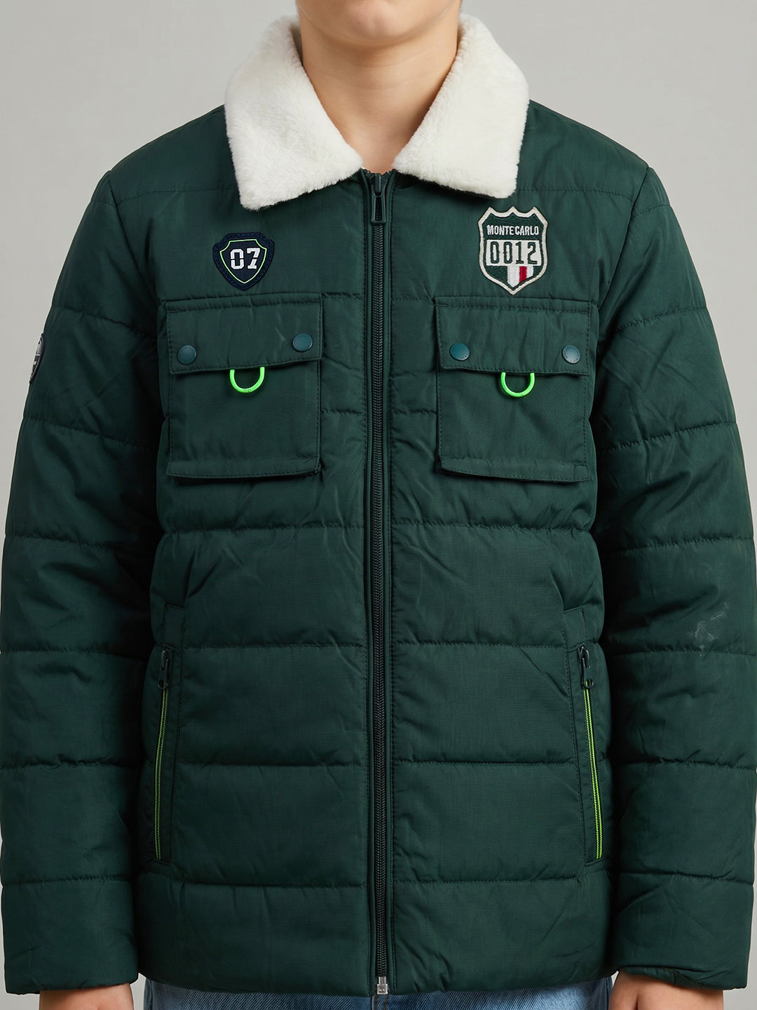 Boys Green Solid Collar Full Sleeve Puffer Jacket