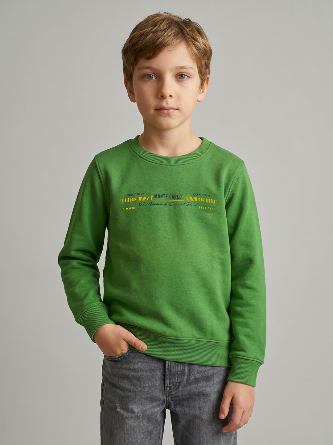 Boys Green Printed Round Neck Full Sleeve Sweatshirt