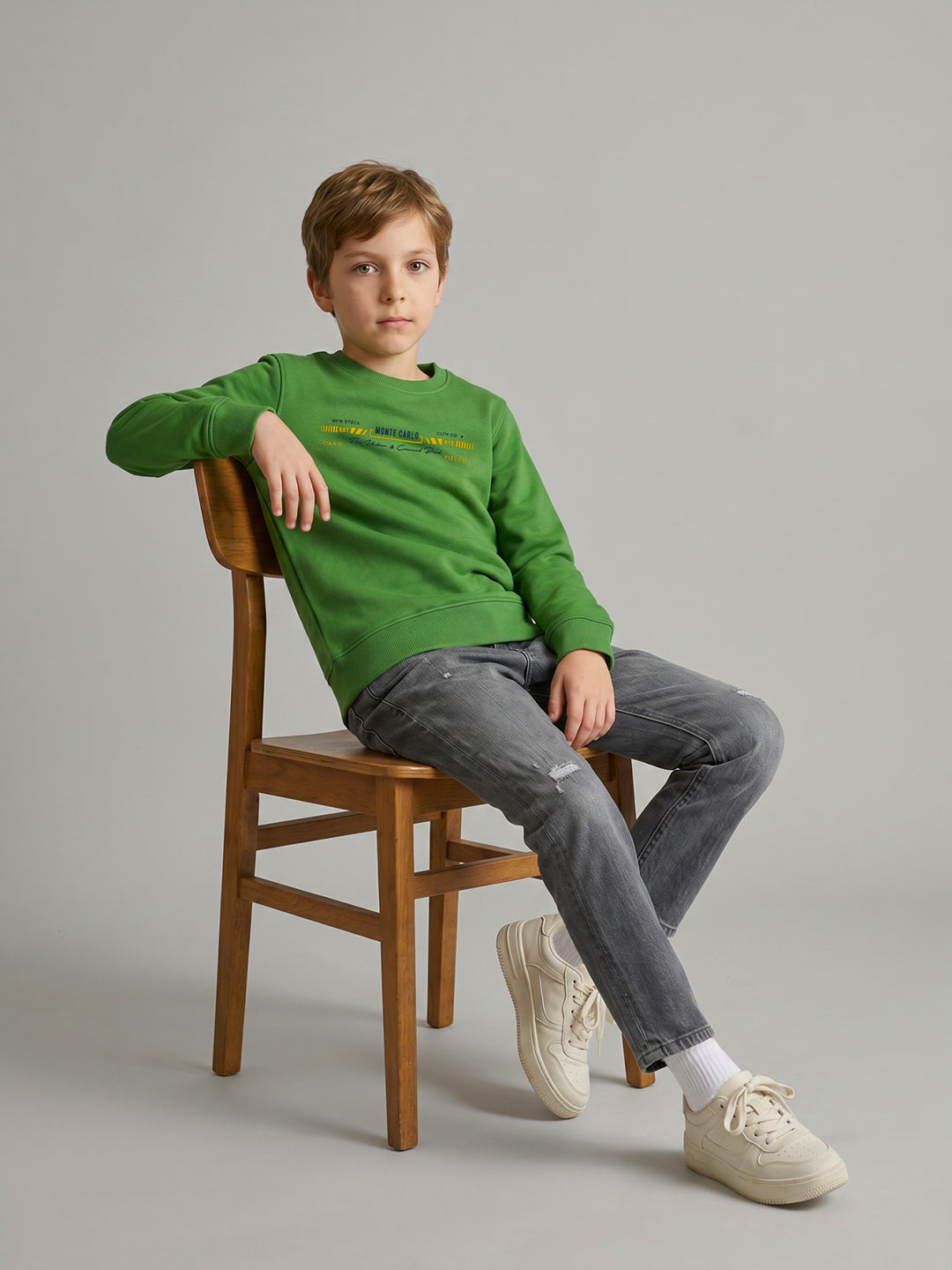 Boys Green Printed Round Neck Full Sleeve Sweatshirt