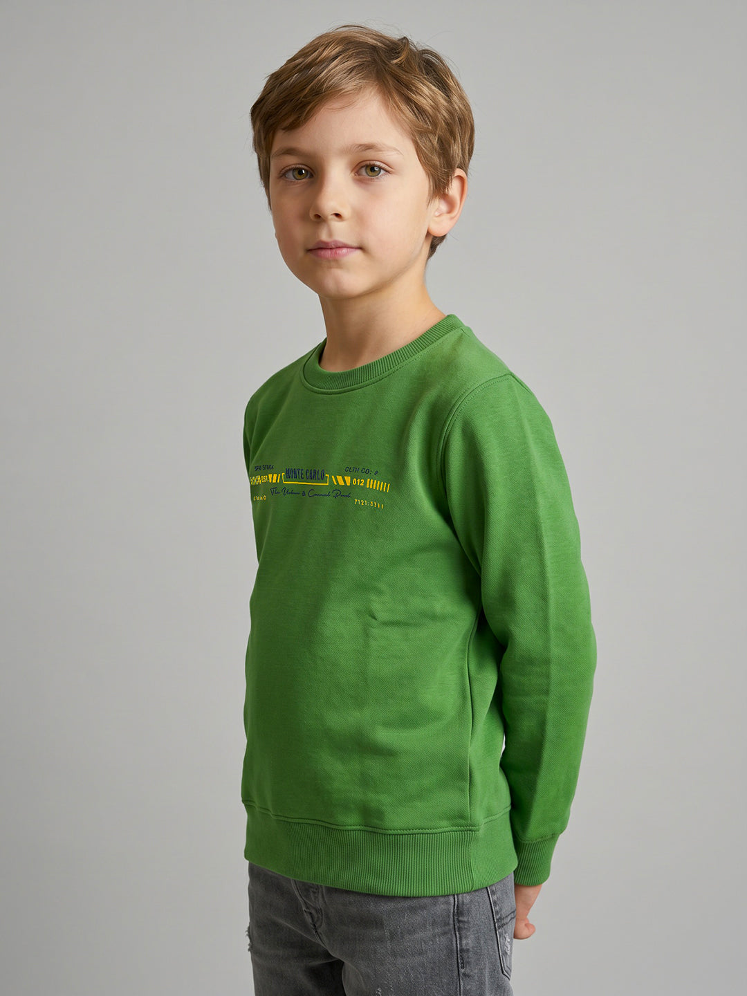 Boys Green Printed Round Neck Full Sleeve Sweatshirt