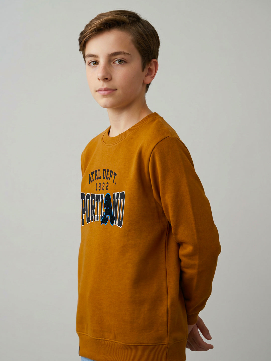 Boys Brown Printed Round Neck Full Sleeve Sweatshirt