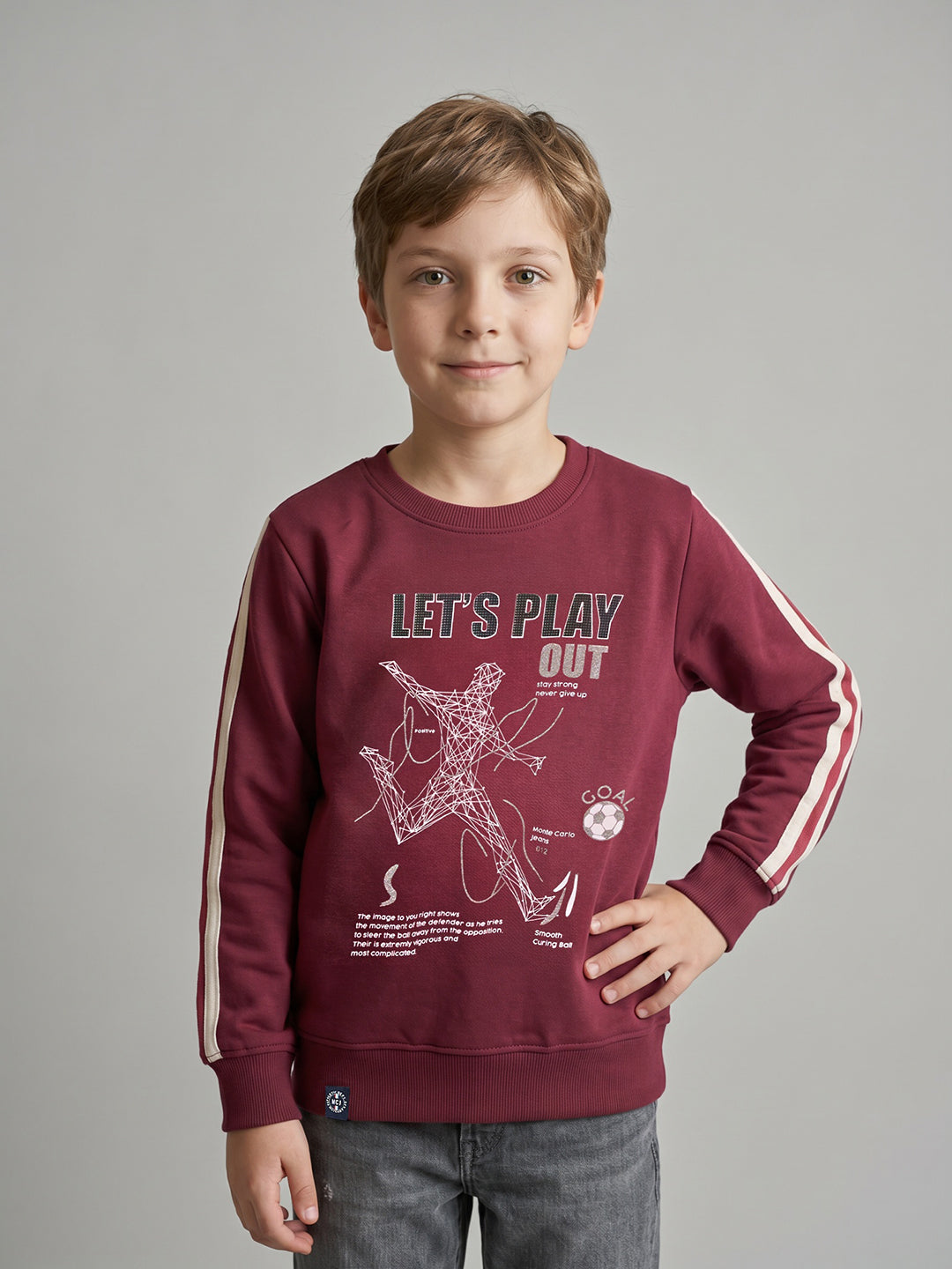 Boys Maroon Printed Round Neck Full Sleeve Sweatshirt