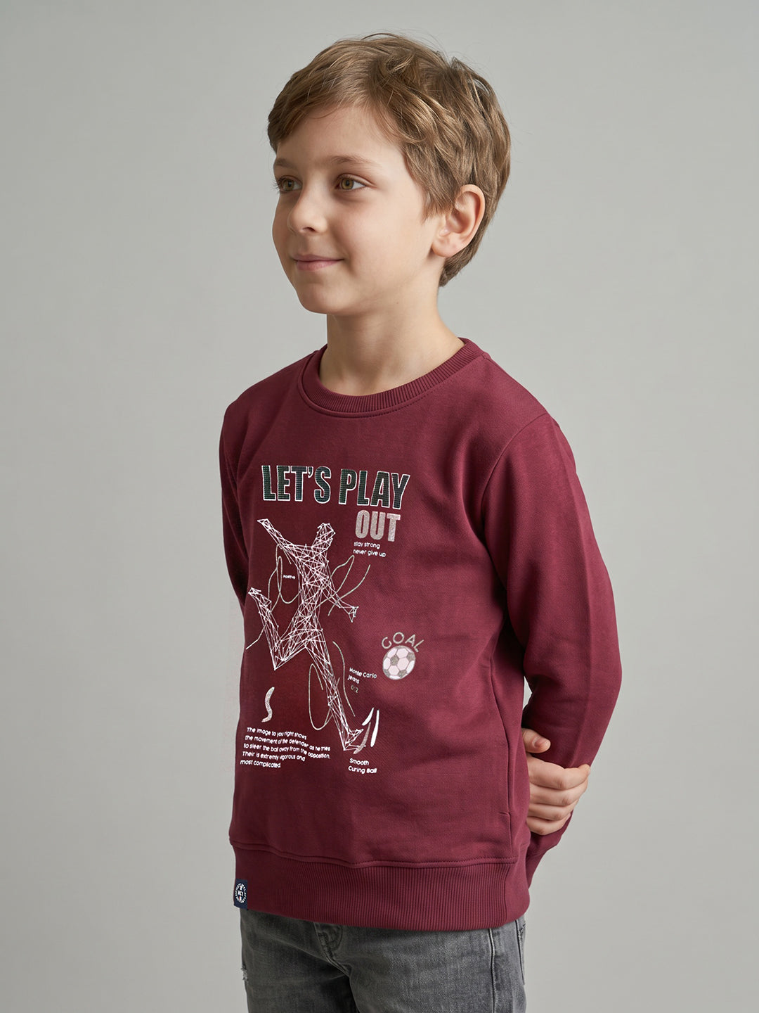 Boys Maroon Printed Round Neck Full Sleeve Sweatshirt