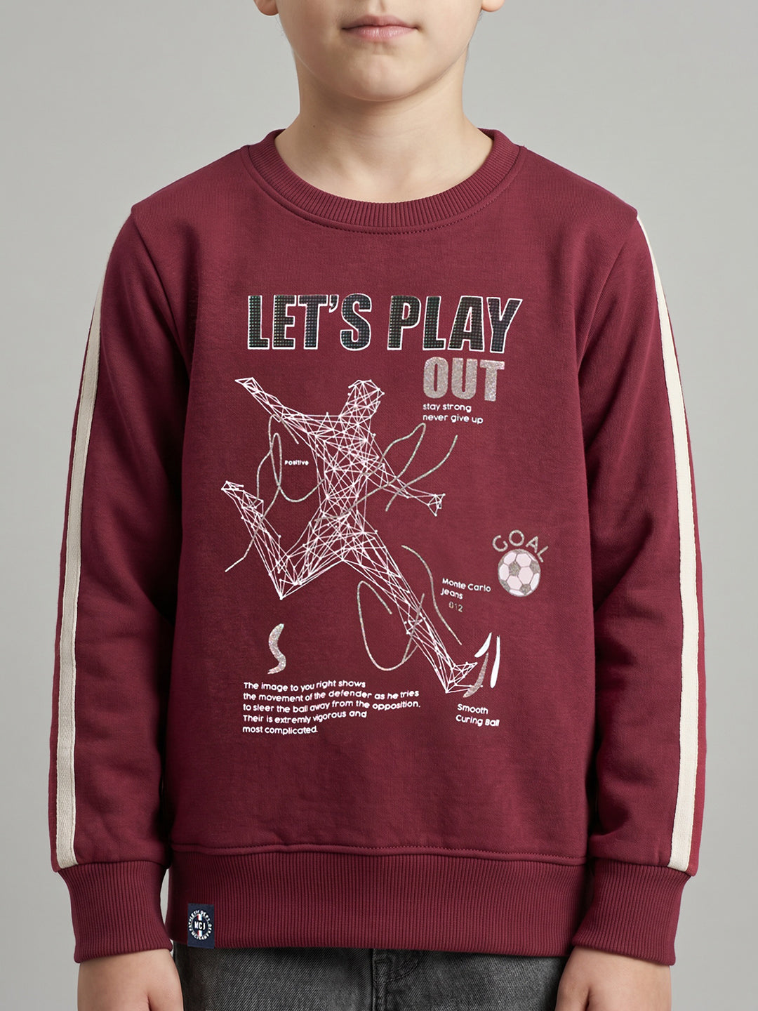 Boys Maroon Printed Round Neck Full Sleeve Sweatshirt
