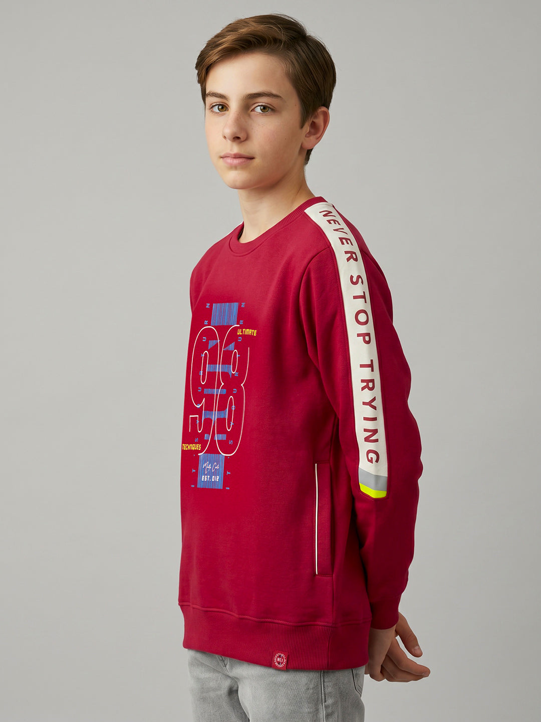 Boys Red Printed Round Neck Full Sleeve Sweatshirt