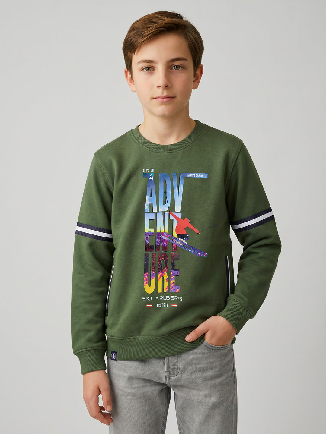 Boys Olive Printed Round Neck Full Sleeve Sweatshirt
